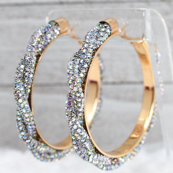 3" Boho Braid Twist AB Rhinestone Hoop Earrings - Picture 4 of 11
